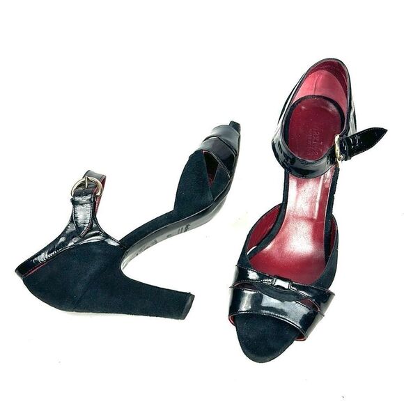 MaxMara Black Heels Suede Patent Leather Peep Toe Mary Jane Italy 40 US 10 - Picture 4 of 16